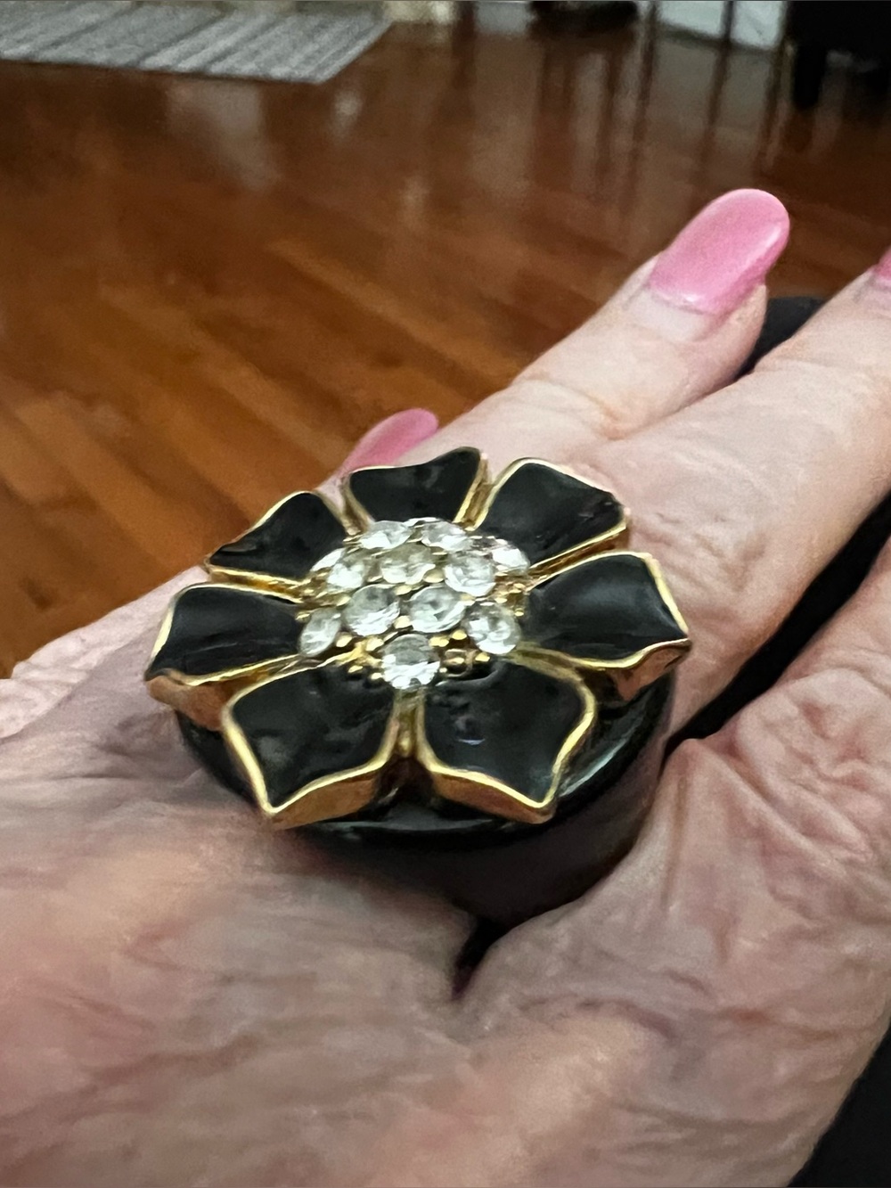 Black Enamel Floral Statement Ring with Crystal Center